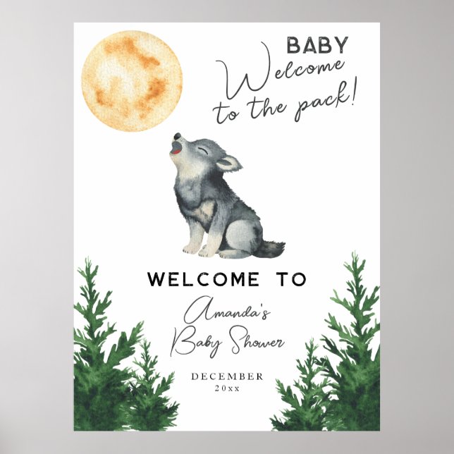 Poster Watercolor Wolf Baby shower Welcome (Frente)