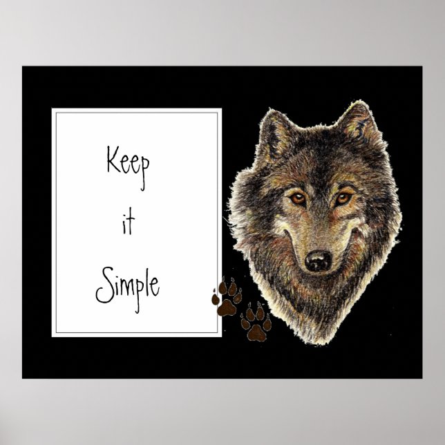 Póster Watercolor Wolf Cita "Mantenha Simples" (Frente)