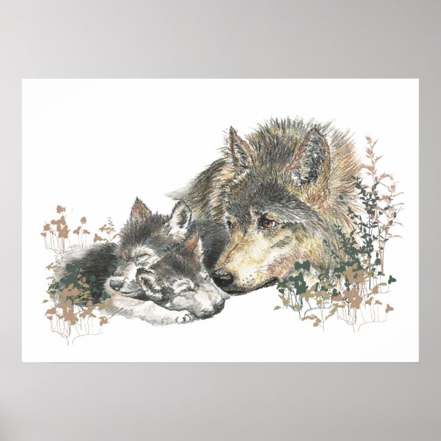 Poster Watercolor Wolf Parent & Cub Animal Art (Frente)