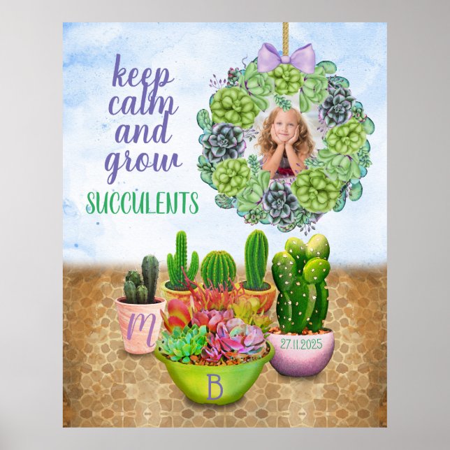 Poster Watercolor Wreath Cactus Monograma Foto (Frente)