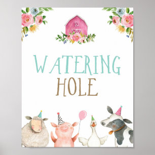Poster Watering Hole Farm Animals Barnyard Girl Birthday
