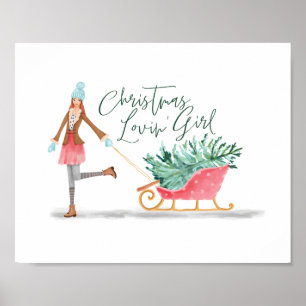 Poster Waterolor Christmas Loving' Girl Pulando Sleigh