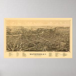 Póster Watertown, mapa panorâmico de NY - 1891