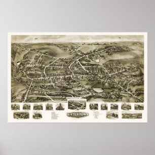 Poster Watertown, mapa panorâmico do CT - 1918