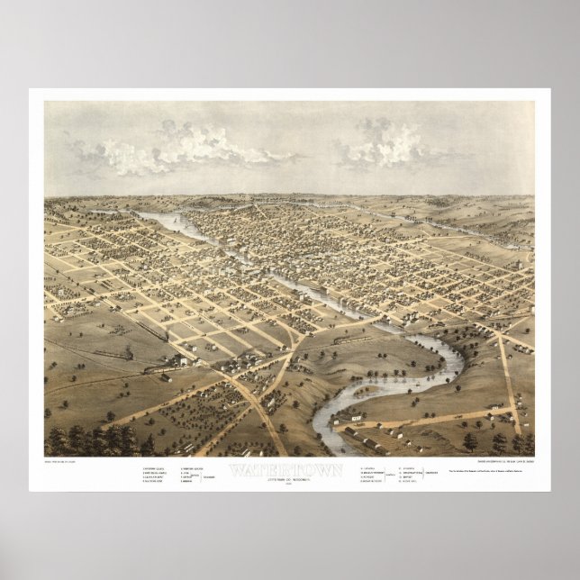 Póster Watertown, Mapa Panorâmico do WI - 1867 (Frente)
