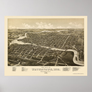 Póster Watertown, Mapa Panorâmico do WI - 1885