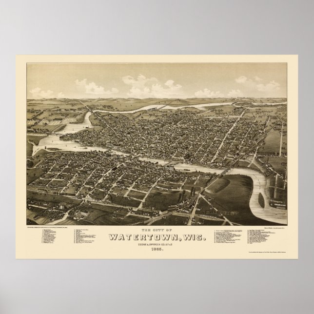 Póster Watertown, Mapa Panorâmico do WI - 1885 (Frente)