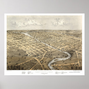 Póster Watertown, mapa panorâmico dos WI - 1867
