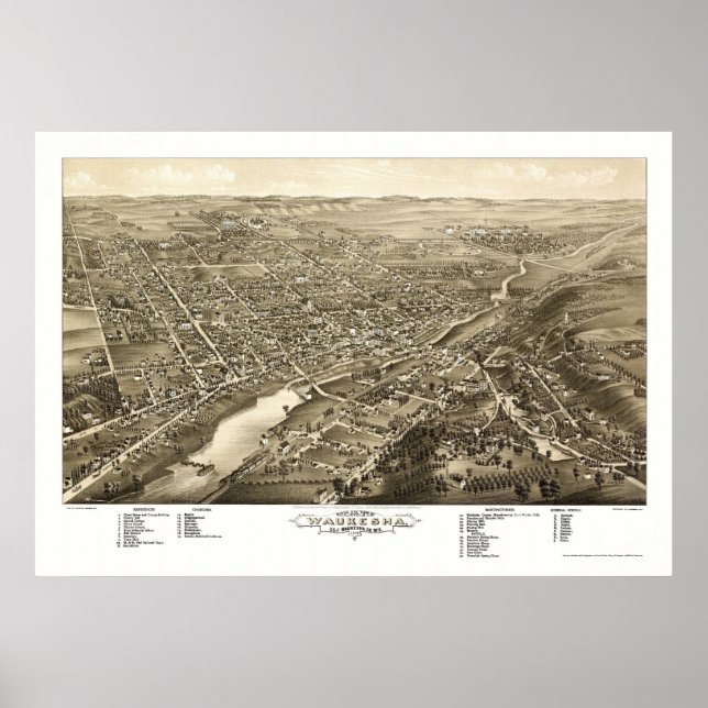 Póster Waukesha, Mapa Panorâmico do WI - 1880 (Frente)