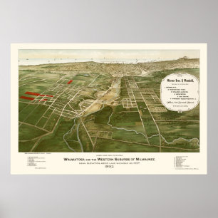 Poster Wauwatosa, mapa panorâmico dos WI - 1892
