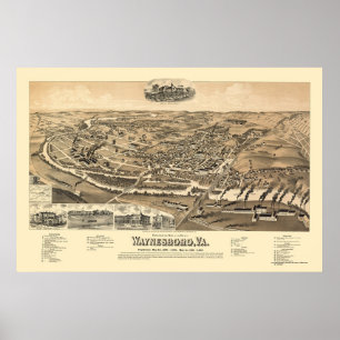Póster Waynesboro, mapa panorâmico do VA - 1891