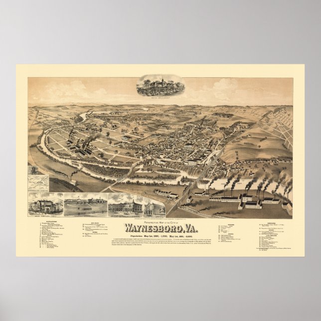 Póster Waynesboro, VA Panorâmica Map - 1891 (Frente)