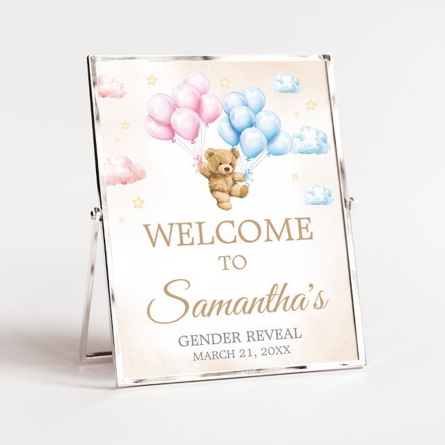 Poster We Can Bearly Wait Bear Gender Reveal Welcome Sign (Bear Balloon He or She Gender Reveal Welcome Sign)