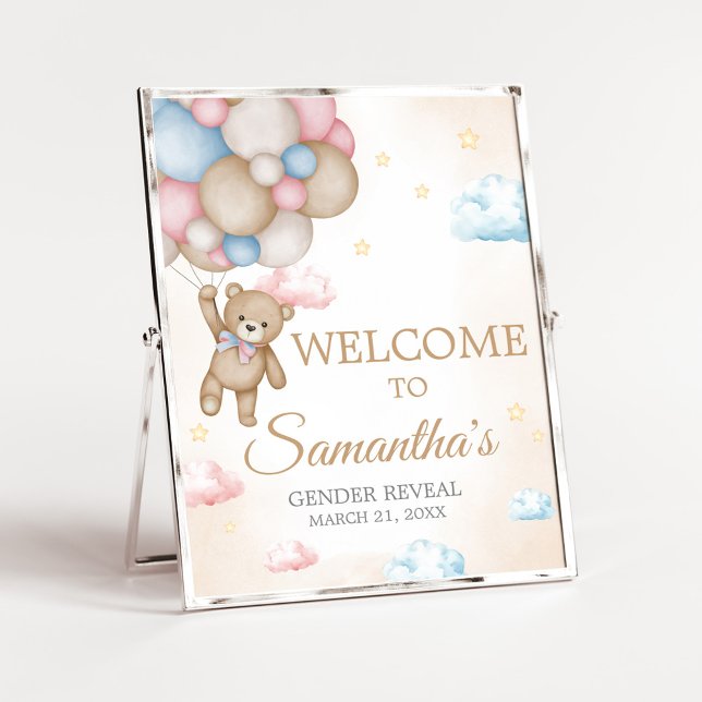 Poster We Can Bearly Wait Gender Reveal Welcome Sign (Bear Balloon He or She Gender Reveal Welcome Sign)