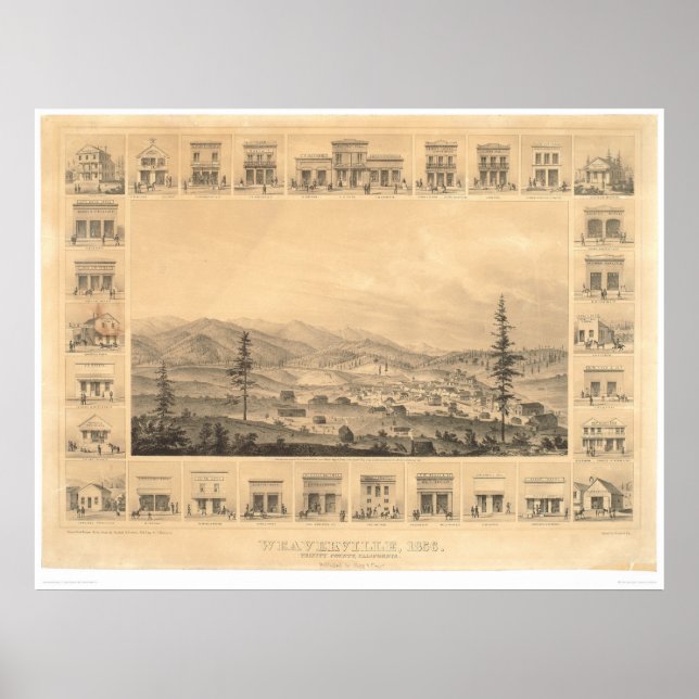 Póster Weaverville, CA. Mapa Panorâmico 1856 (1846A) (Frente)