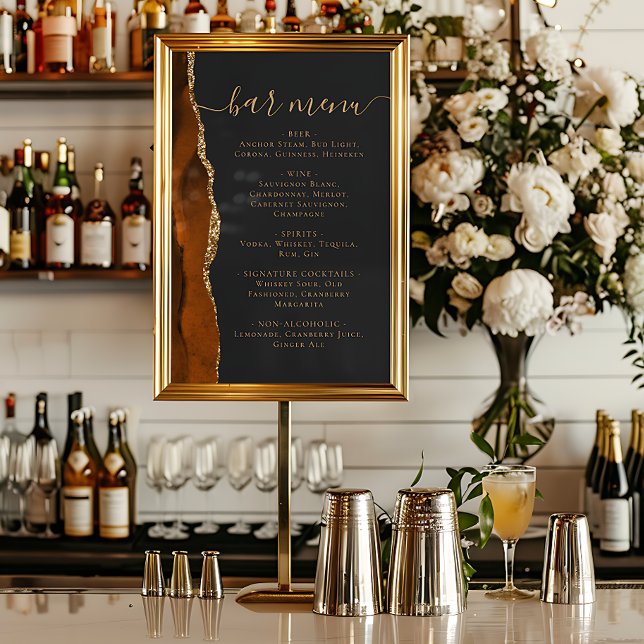 Poster Wedding Bar Menu Burnt Orange Gold Agate Dark (Criador carregado)