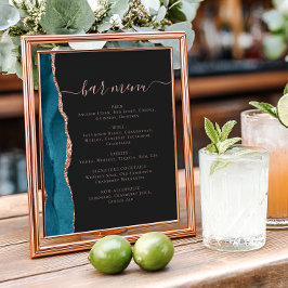 Poster Wedding Bar Menu Teal Blue Rose Gold Agate Dark