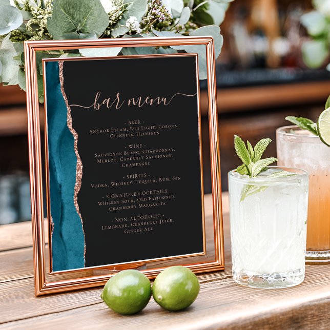 Poster Wedding Bar Menu Teal Blue Rose Gold Agate Dark (Criador carregado)