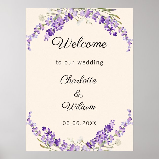 Poster Wedding lavender watercolored cream welcome (Frente)