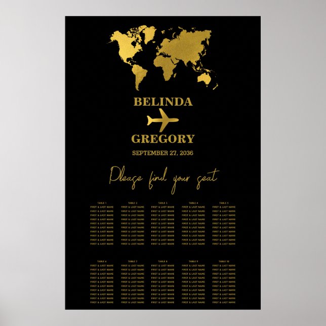 Poster Wedding Passport Black Gold Seating Chart (Frente)