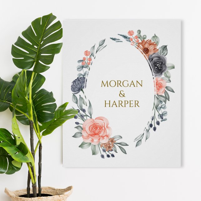 Póster Wedding Poster With Soft Peach & Blue Flowers (Criador carregado)