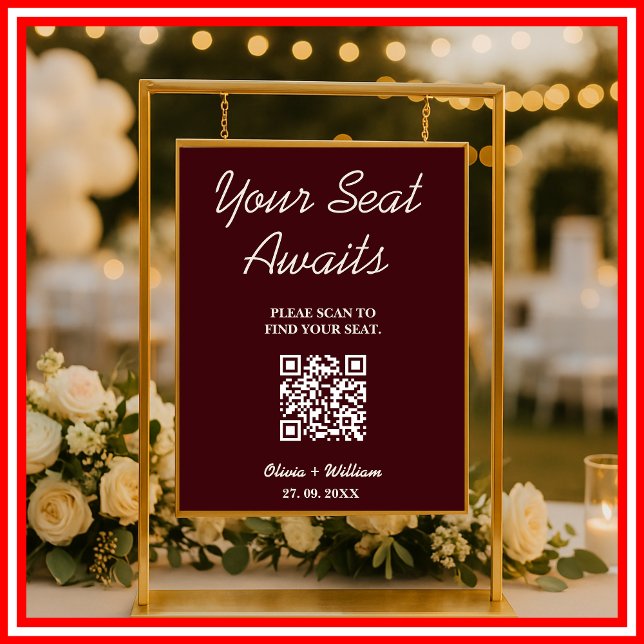 Poster Wedding Seating Chart QR Burgundy & Ivory Rustic (Criador carregado)