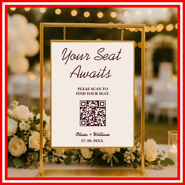 Poster Wedding Seating Chart QR Burgundy & Ivory Rustic (Criador carregado)