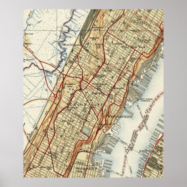 Póster Weehawken, Mapa da Cidade da União e do Oeste de N (Frente)