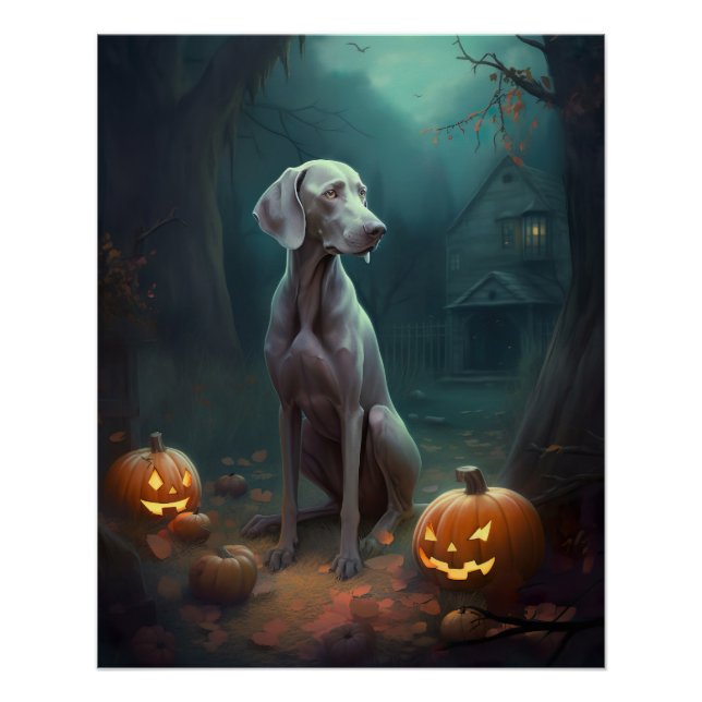 Póster Weimaraner de Halloween com Abóboras Assustador (Frente)