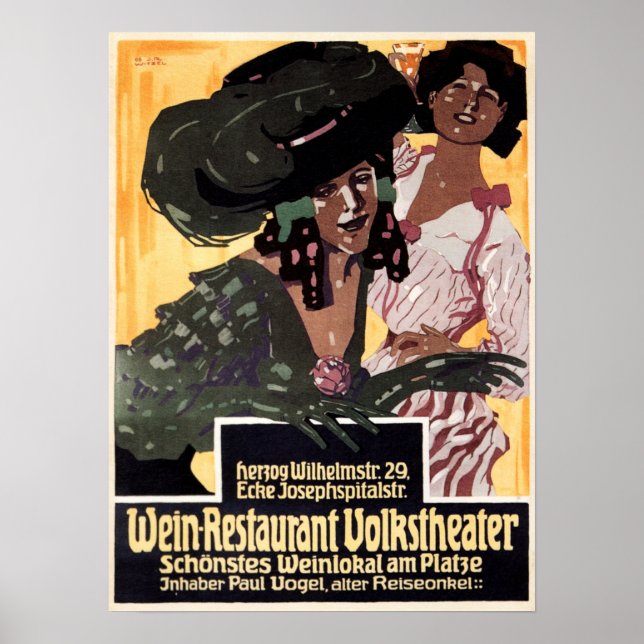 Poster WEIN Restaurant Volkstheater 1908 Antigo Anúncio A (Frente)