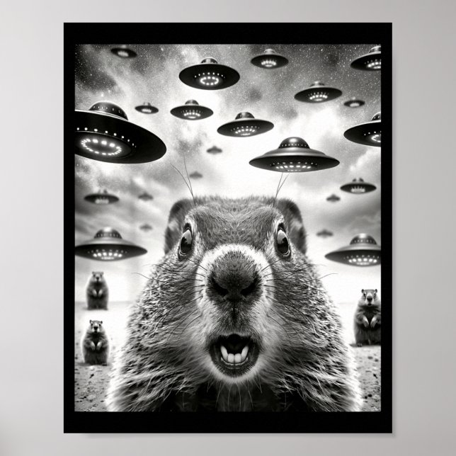 Poster Weird Groundhogs Selfie With Alien Ufo Funny Groun (Frente)