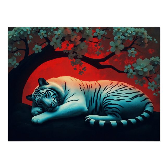 Póster Weißer Tiger unter blühendem Baum (Frente)