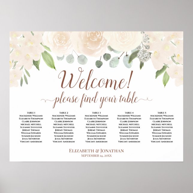 Poster Welcome! 5 Table Blush Peach Floral Seating Chart (Frente)