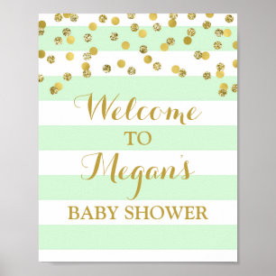 Póster Welcome Baby Shower Sign Mint Stripe Gold Confetti