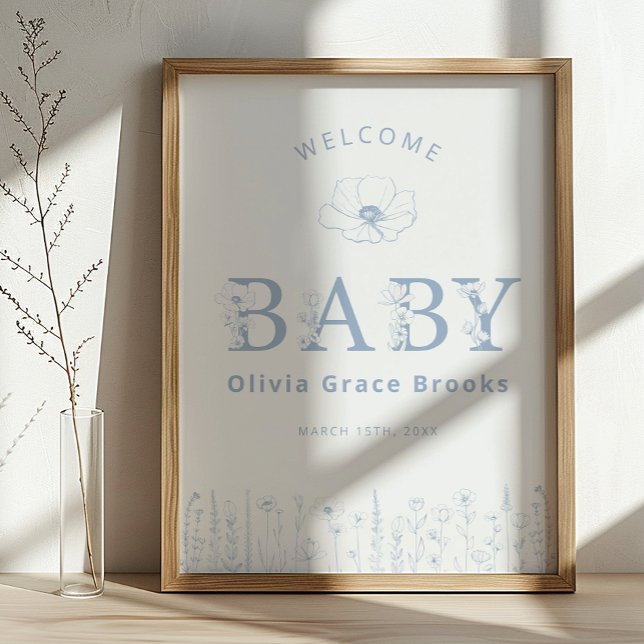 Poster Welcome Baby Wildflower Baby Shower Dusty Blue  (Baby Welcome Sign)