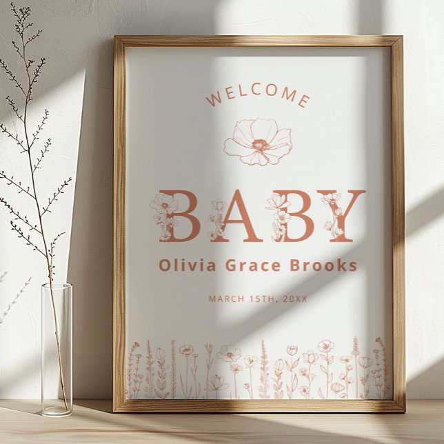 Poster Welcome Baby Wildflower Baby Shower Terracotta (Baby Welcome Sign)