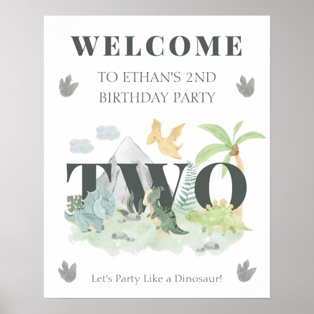 Poster Welcome Dinosaur 2nd Birthday Boy Cute Jungle (Frente)
