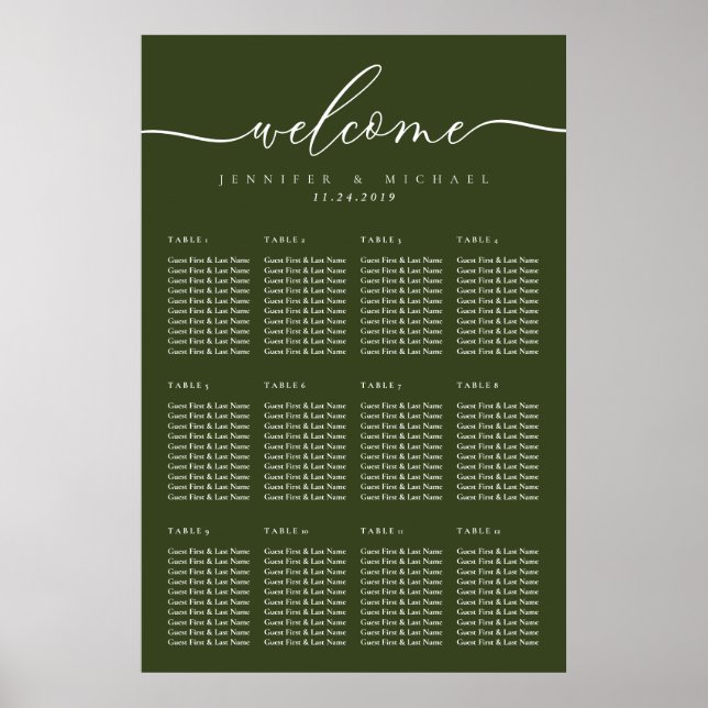 Poster Welcome Olive Green Wedding Table Seating (Frente)