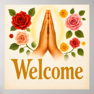 Poster Welcome with hands Rose flower design on