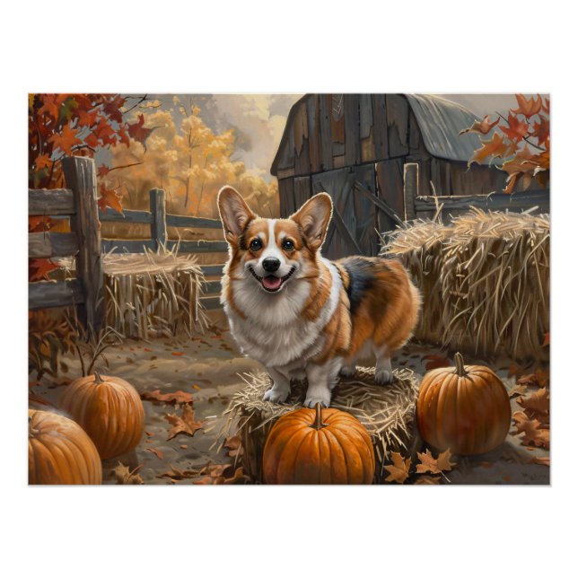 Póster Welsh Corgi Autumn Pumpkin Fazenda (Frente)