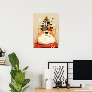 Poster Welsh Corgi brincalhão com decorações de Natal