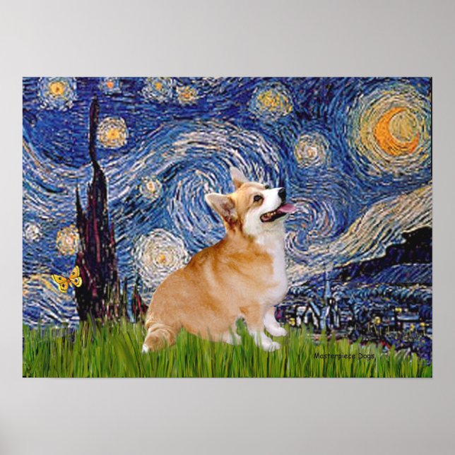 Póster Welsh Corgi Pembroke - Noite Estrelada (Frente)