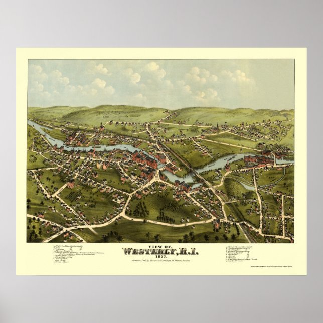 Póster Westerly, Mapa Panorâmico do RI - 1877 (Frente)