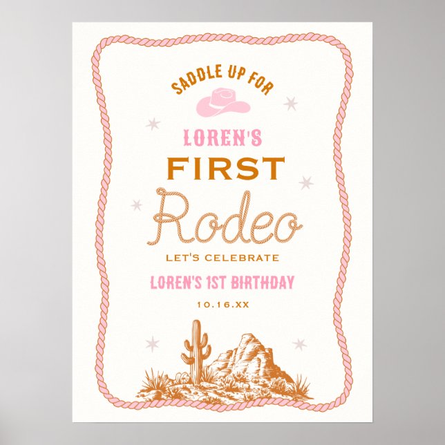 Poster Western First Rodeo Cowgirl 1st Birthday Welcome (Frente)