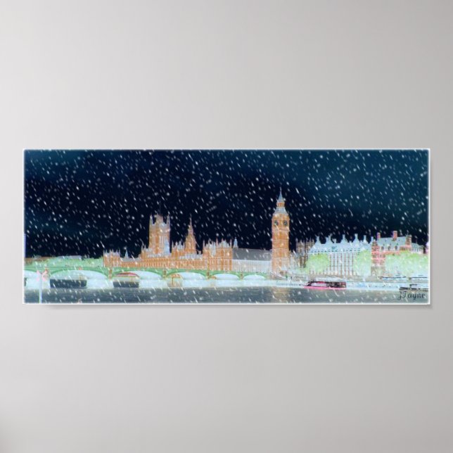 Póster Westminster Abbey e Big Ben - Noite Neve (Frente)