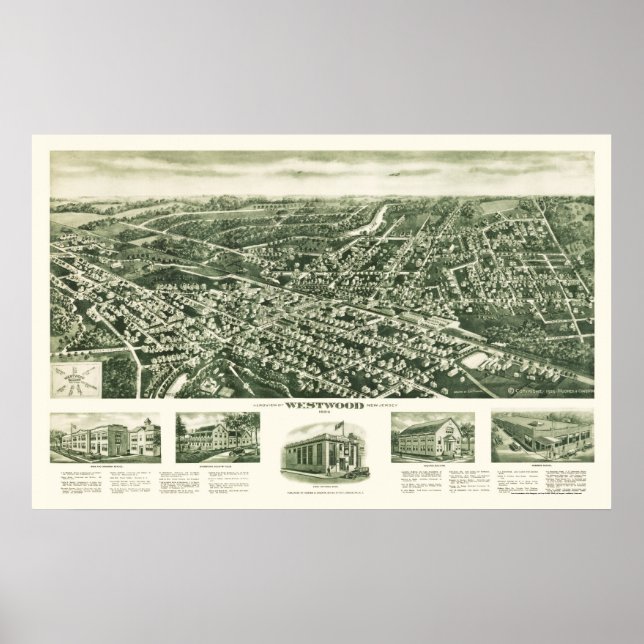 Póster Westwood, Mapa Panorâmico NJ - 1924 (Frente)