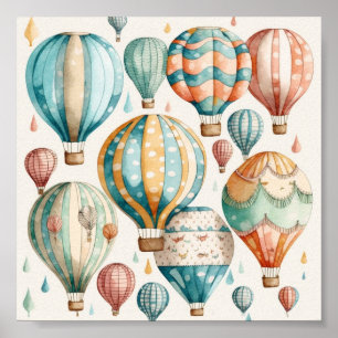 Poster Whimscolor Watercolor Balões de Ar Quente Impressã