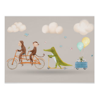 Póster Whimsical Animals on Bicycle Nursery Wall art