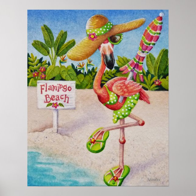 Poster Whimsical Beach Babe Flamingo 2 Watercolor 16x20 (Frente)