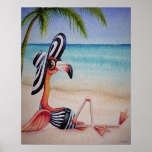 Poster Whimsical Beach Babe Flamingo No. 1, Watercolor Ar